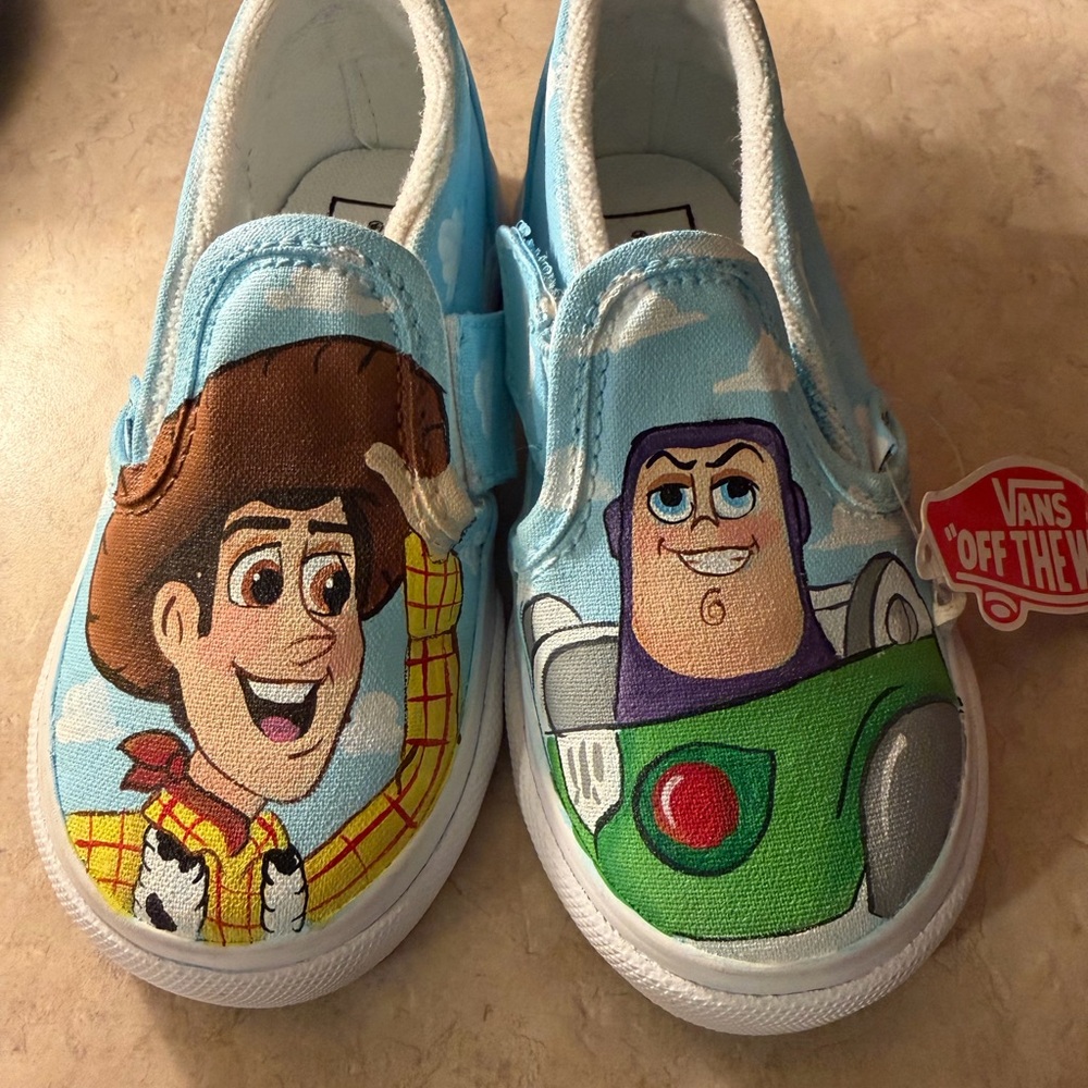 Vans, CUSTOM-HAND PAINTED- Toy Story Slip-Ons. ONE OF A KIND. BRAND NEW.